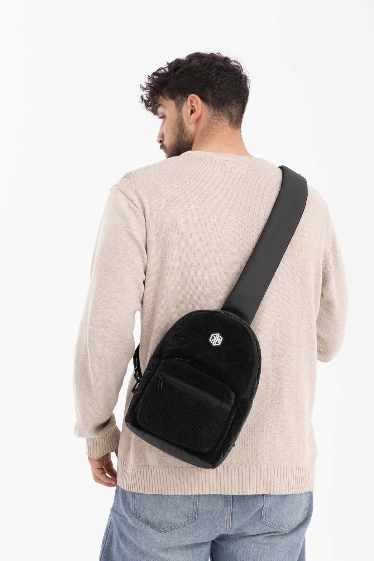 Travel Mate Crossbody Sling Backpack – Black Metallic by KM Signee – compact quilted crossbody bag, image 3 of 7