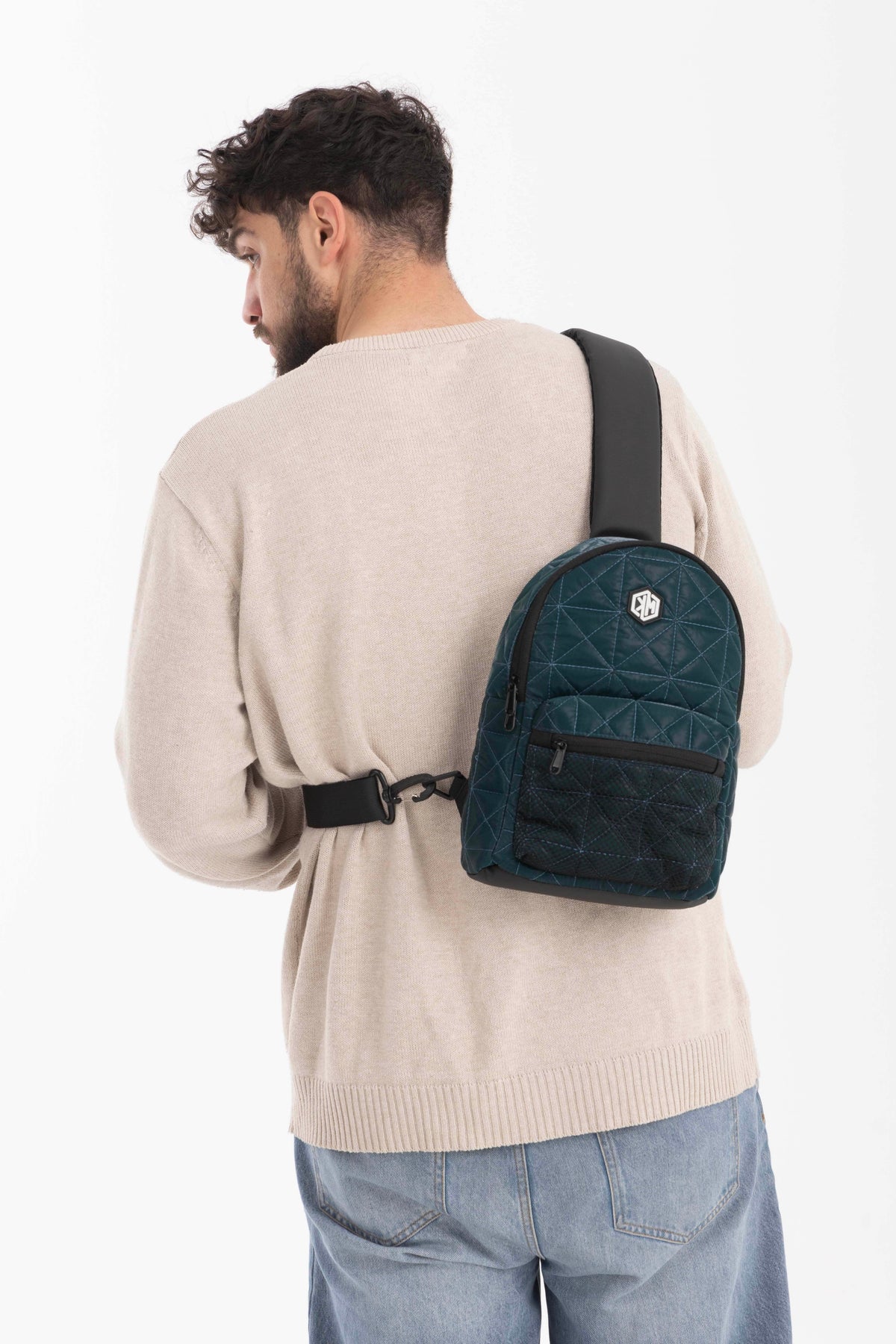 Travel Mate Crossbody Sling Backpack – Petrol by KM Signee – compact quilted crossbody bag, image 5 of 7