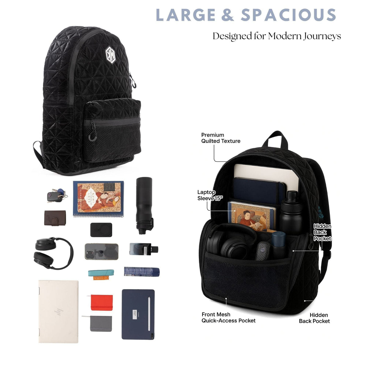VoyagePorter Travel Backpack – Black by KM Signee – quilted lifestyle and travel backpack, image 13 of 15