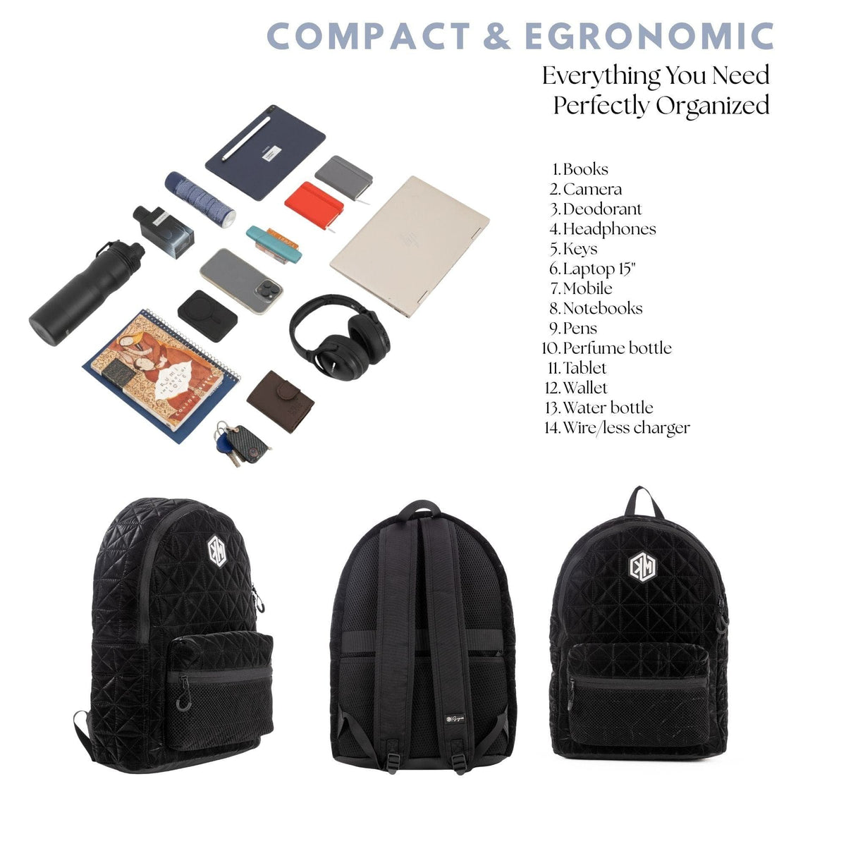 VoyagePorter Travel Backpack – Black by KM Signee – quilted lifestyle and travel backpack, image 10 of 15