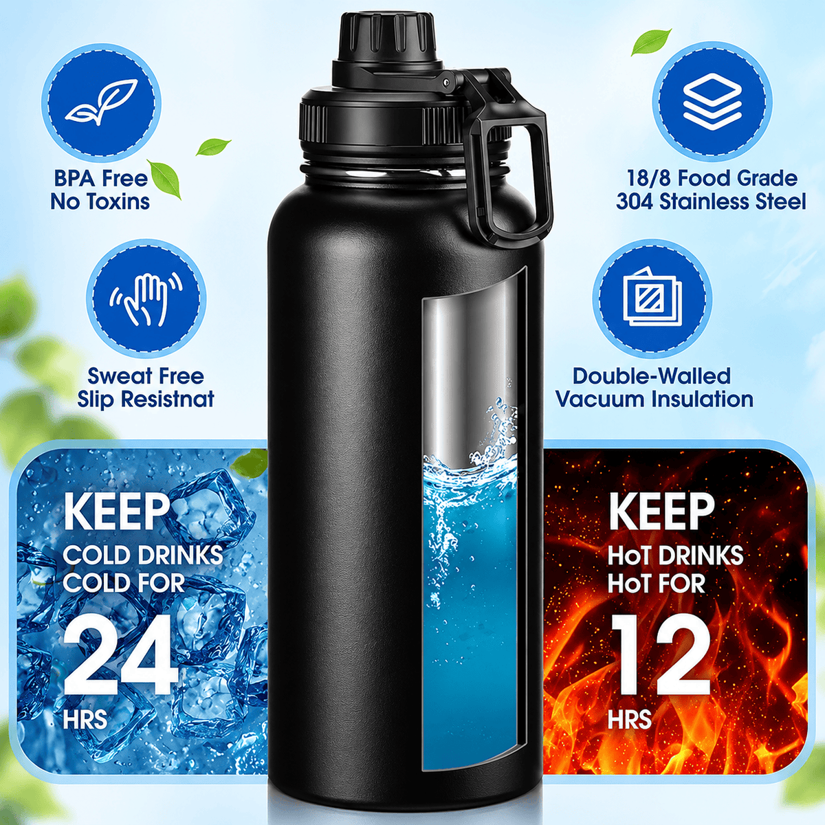 800ml Insulated Sport Water Bottle by KM Signee – double-wall stainless steel flask, keeps drinks hot, image 3 of 9